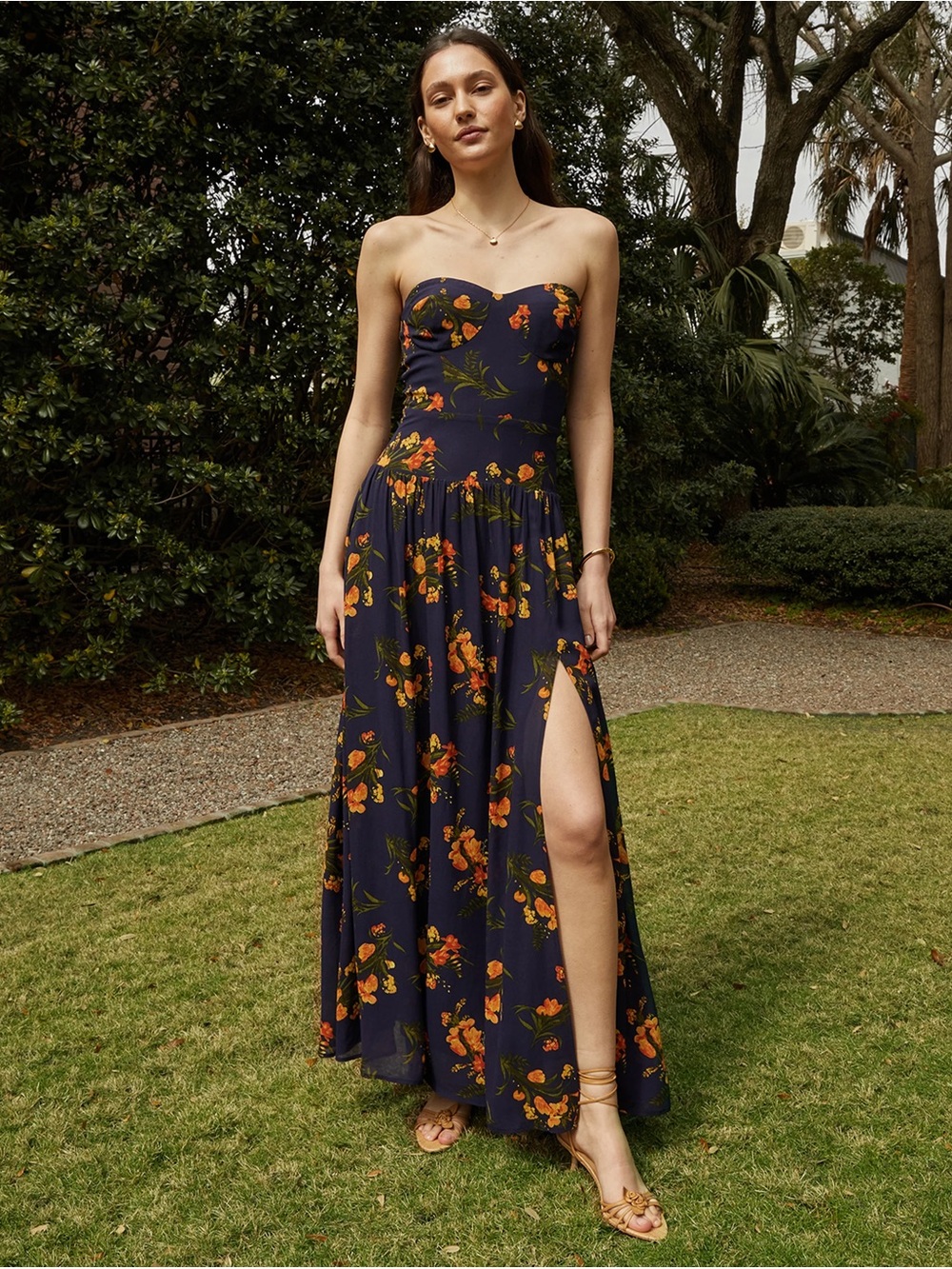 Strapless Navy Floral Maxi Dress with High Side Slit
